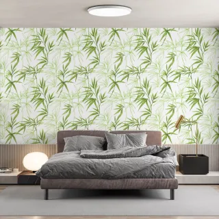 Rolo Vinílico Adesivo Folhagem de Bambu Verde Branco - Para Sala, Quarto e Escritório - Único