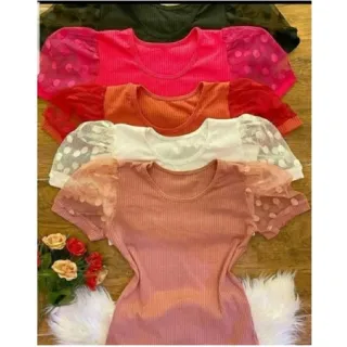 Roupas Femininas Verão Blusinha Tule Manga Curta Bufante Canelada - Amarelo