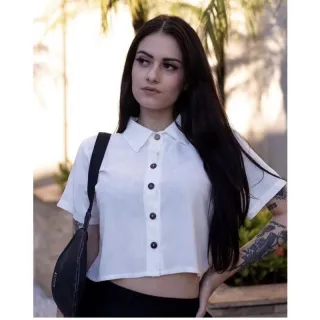 Camisa Social Cropped Feminina em Viscolinho Verão 2022 - Azul