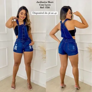 Short jeans jardineira com lycra - disponível em duas cores do 36 ao 42 - Escuro