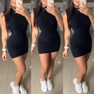 Gola Alta Tubinho Vestido Curto Feminino - Oncinha Gola Alta