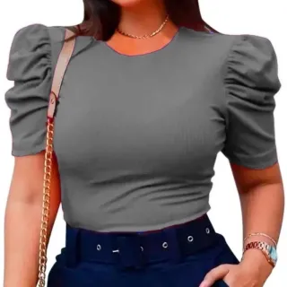 Linda Blusa Canelada Manga Curta Princesa Feminina Tamanho Único - Azul