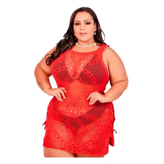 Plus Size Tricot Aberta Praia Detalhe Lateral - Azul