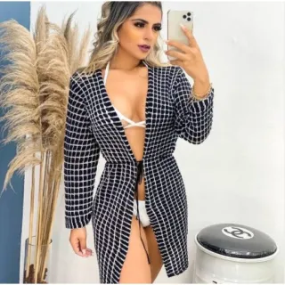 Manga Longa Tricô Kimono Feminino Saída de Praia - Branco