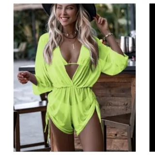 Macaquinho grepiada nas laterais, saída de praia transparente - AMARELO NEON