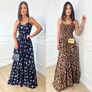 Viscolinho decote V Alcinha Elastex Vestido Longo Tamanho único até 44 - Verde