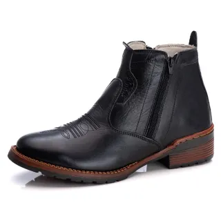 Bota Texana Masculina Couro Legítimo Zíper Cano Curto Sola Costurada - CAFE