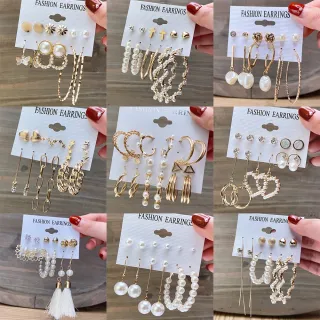 Acessórios femininos: Conjunto de brincos retrô com pérola, borboleta, diamante e borla - 13