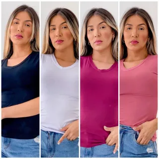 Manga Curta Gola V Kit 4 Blusas Femininas - BRANCO/ROSE/VINHO/PINK