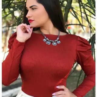 Blusinha Princesa Bufante Manga Longa Canelado - Moda Feminina - Azul