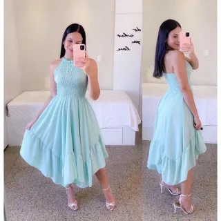 Saia Rodada Gola Alta Vestido Longo Midi Lastex - Gola azul marinho