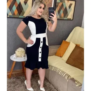 Moda Gospel Evangélica Vestido Babado Mais Vendido - PRETO COM BRANCO