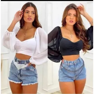 Juliete Cropeed Manga Bufante Moda Blogueira Com Bojo - Preto