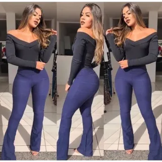 Cintura Alta Calça Flare de Bandagem em Tecido Grosso - Marrom