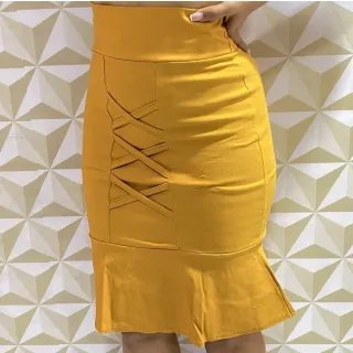 Saia Evangélica Sino Midi Feminina Babado Social Bengaline - Preto