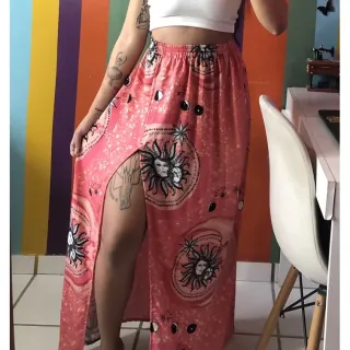 Fenda em saia longa (ENCOMENDA) - Bege Estampado