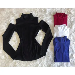 Blusa Manga Longa Feminina Básica Gola Alta Ombro Vazado De Fora - Marinho