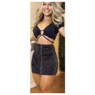 Moda Balada Saia Alta Cintura Ziper Lurex - Fúcsia