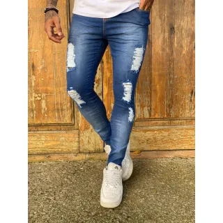 Calça Jeans Masculina Super Skinny com Rasgos e Elastano - Azul Toronto