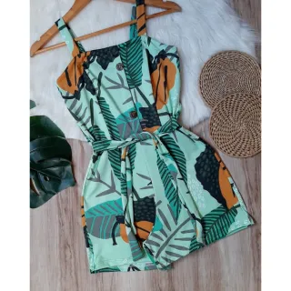 Conjunto feminino Deluxe: macaquinho 34 ao 50, conforto e elegância - Azul-piscina Botão de coco