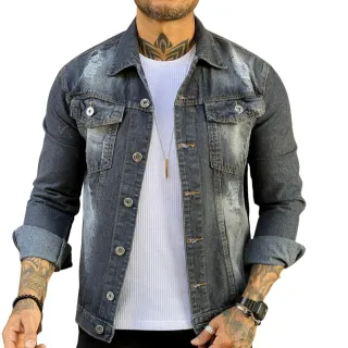Manchada Cinza Jaqueta Jeans Masculina - GG