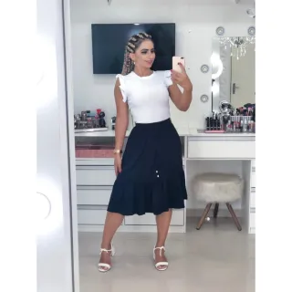 Moda Blogueira Saia Feminina Midi Sarja Babado - Vinho