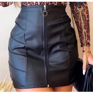 Cirre Ecológico Preta Saia Alta Frontal Zíper Couro Curta - Preto