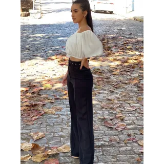 Promoção Calça Feminina Wide Leg Pantalona de Linho Social + Cinto - Bege