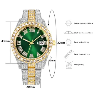 Relógio de pulso masculino luxuoso com diamantes e calendário - Presente perfeito para homens - Ouro e Verde