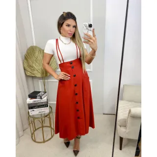 Saia com suspensório midi YY8215 - Botões, bolsos e reguláveis - Verde