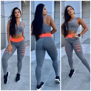 Legging Detonado: Calça Feminina Fitness, Tendência Top de Treino na Academia - PRETO COM LARANJA