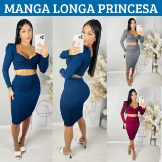 Conjunto Cropped Saia Midi Evangélico Princesa Manga Longa - Azul
