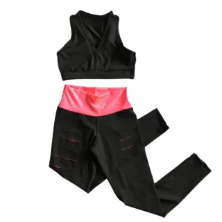Top Academia Treino Fitness Cós Alto + Conjunto Calça Leg legging - preta com rosa