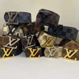 Couro Xadrez Dupla Face Cinto Masculino - Ouro Escovado - Marrom