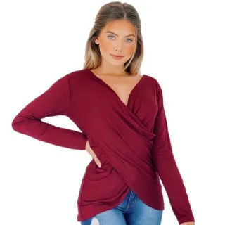 Blusinha Feminina Decotada Manga Longa Transpassada Cruzada em Cores Variadas - Vermelho