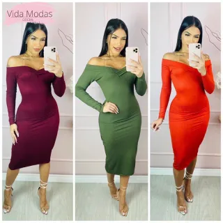 Vestido Mídi Manga Longa Decote Transversal - Moda Evangélica para Gestantes e Não Gestantes - Preto