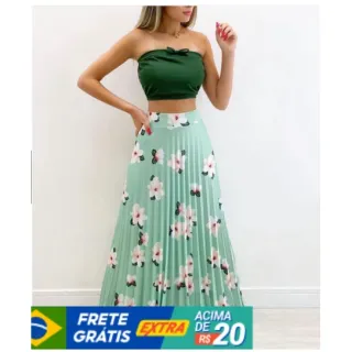 Saia Evangélica Longa Plissada Alta Cintura Flor-023 - Branco
