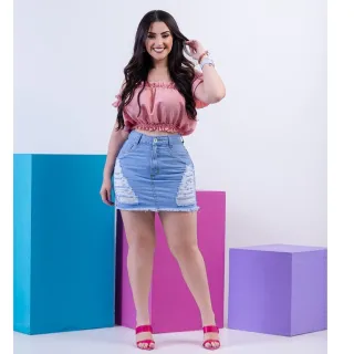 Modelo Gringa Saia Jeans Cintura Alta Destroyed Cos Alto Detonado - Saia Jeans Clarinho Greban