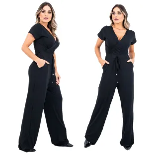 Casual Discreto Decote Transpassado Manga Curta Longo Social Feminino Macacão - G