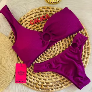 Moda Praia Feminina Biquíni Canelado Asa Delta Um Ombro Só Com Bojo - Vermelho