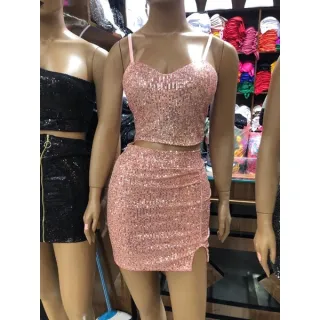 Alcinha paetê conjunto feminino saia cropped - Dourado