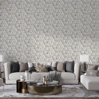 Papel de Parede Vinílico Branco Fosco com Detalhe Dourado - Efeito 3D - Por Metro - Único