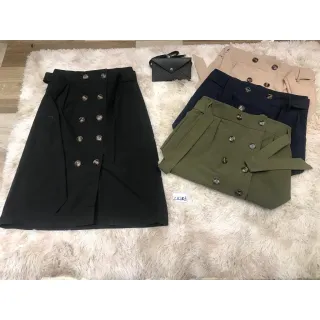 Moda feminina evangélica: Saia Midi em Linho, Cintura Alta com Cinto - Azul Marinho