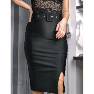 Moda evangélica: Saia Midi elegante cintura alta com cinto 003 - Preta