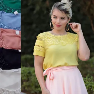 Blusinha Romântica em crepe de seda com renda gripir e pedraria - Modelo 2