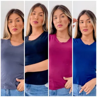 Manga Curta Gola V Kit 4 Blusas Femininas - BRANCO/ROSE/VINHO/PINK