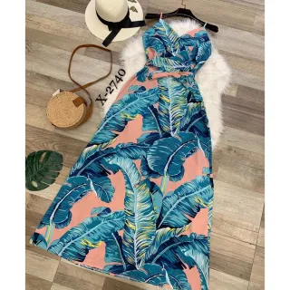 Verão 2021, vestido longo estampado alcinha - Azul com amarelo