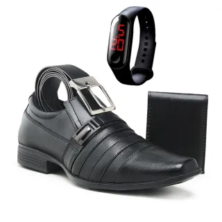 Conjunto Elegante de Sapato Masculino Social com Relógio, Carteira e Cinto - Preto