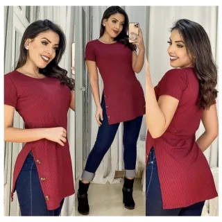 Verão Blusa T-shirt Manga Curta Canelado Mullet Veste Legging Camisa - Fúcsia