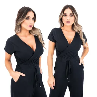 Casual Discreto Decote Transpassado Manga Curta Longo Social Feminino Macacão - G